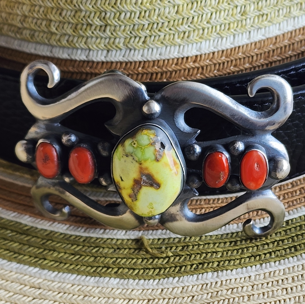 Chimney Butte Sterling Silver and Palomino & Coral Stone Belt Buckle - Picture 5 of 14